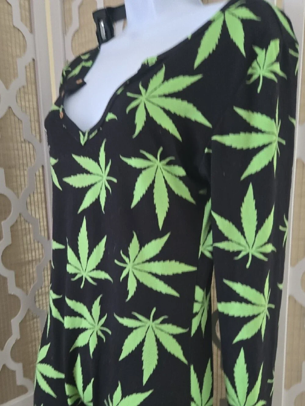 420 Black Jumpsuit with Neon Green Leaf Print